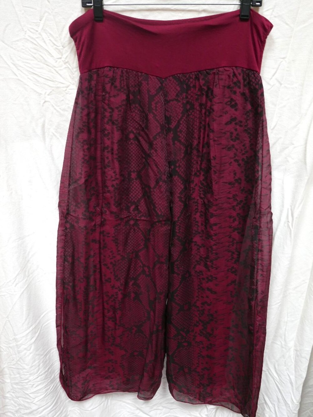 Gigi Moda Silk Overlay Wide Leg Palazzo Pants Burgundy Animal Print OS